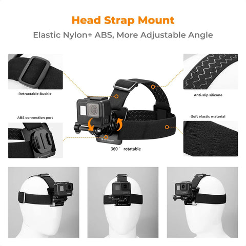 All In One Action Cam Mount Kit With Chest Strap Harness Backpack Clip 360 Degree Rotating Head Strap Mount And Wrist Strap for GoPro Hero Series DJI Osmo Action Insta360 X4 X3 Pocket 3 And 2 shown with head strap mount features.