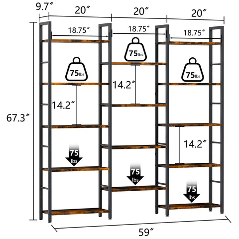 Tall 5 Tier Industrial Bookshelf With 14 Open Display Shelves For Your Home Or Office Setup Brown Wood And Metal Large Etagere Bookcase dimensions with weight capacity.