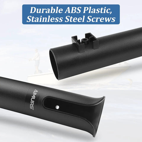Close-up of Six Tube Fishing Rod Holder Bracket Black With Screws ABS Plastic Rugged Pole Storage Mount for boats and garages.