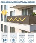 Brown Balcony Privacy Screen Fence Cover 3x10 Ft HDPE Mesh with Grommets installed on apartment railing, showing UV protection and privacy benefits