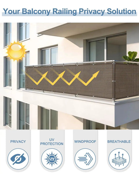 Brown Balcony Privacy Screen Fence Cover 3x10 Ft HDPE Mesh with Grommets installed on apartment railing, showing UV protection and privacy benefits