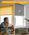 Side-by-side comparison of manual blinds with chains and Solar Powered Battery Motor Kit For DIY Motorized Blinds And Shades Wireless Rechargeable System No Chains Fits 1.5 Inch Roller Shades Easy Install Safe For Kids Rooms And Any Window.