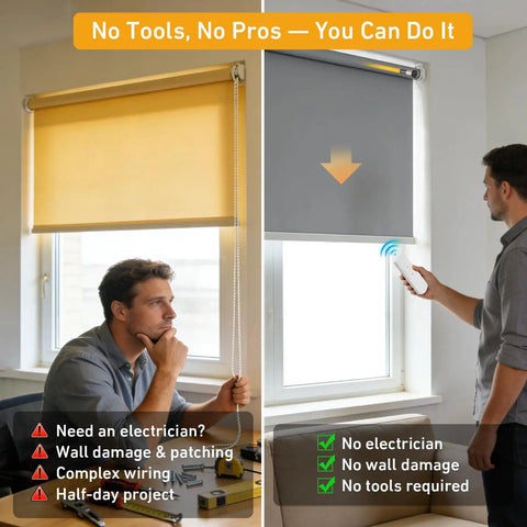 Side-by-side comparison of manual blinds with chains and Solar Powered Battery Motor Kit For DIY Motorized Blinds And Shades Wireless Rechargeable System No Chains Fits 1.5 Inch Roller Shades Easy Install Safe For Kids Rooms And Any Window.