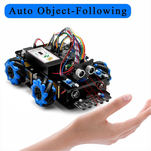 OSOYOO Mecanum-wheel robot car kit for Raspberry Pi, four blue wheels and exposed wiring