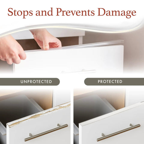 Slimline Cabinet Edge Protector for drawers and shelves comparison, showing protected and unprotected edges with easy slip-on guard.
