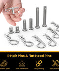 Hand holding 304 stainless steel Beefy 12Pcs M8 Clevis Pins and M3 x 60mm R Shape Cotter Clips Set with flat head fasteners.