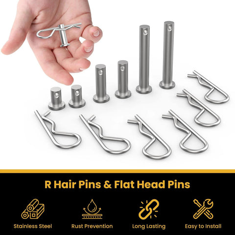 Hand holding 304 stainless steel Beefy 12Pcs M8 Clevis Pins and M3 x 60mm R Shape Cotter Clips Set with flat head fasteners.