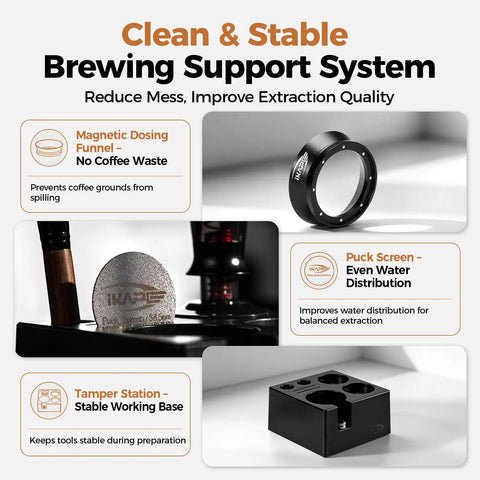 Solid Gold 58 Mm Espresso Toolkit Designed For Home Baristas featuring magnetic dosing funnel and puck screen for clean brewing