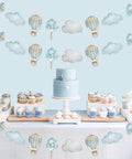 Blue Hot Air Balloon Banner Set For Baby Shower And Birthday Party Adventure Awaits Garland With Clouds And Balloons Three Piece Hanging Decor Travel Theme Party Supplies Totally Fun displayed above dessert table.