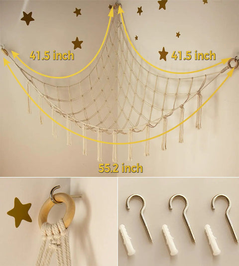 Stuffed Animal Storage Hammock Net For Corners And Walls with dimensions and mounting hardware shown in beige macrame.