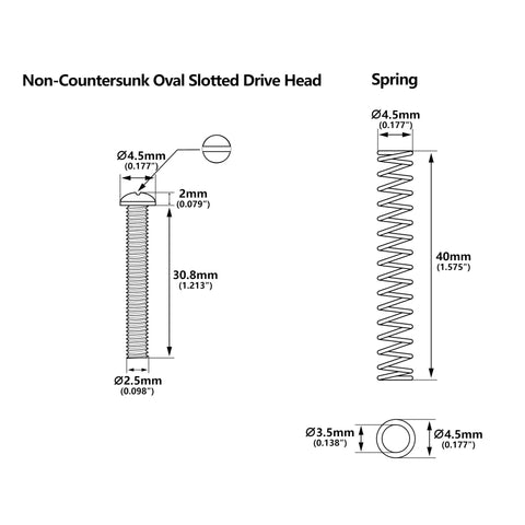 Non-Countersunk Oval Slotted Drive Head and spring specs for Badass Vintage Slotted Head Humbucker Pickup Height Mounting Screws.