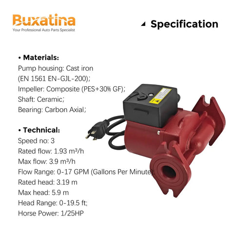 Heavy Duty 115V Three Speed Circulator Pump Replacement For Commercial Heating Featuring 17 GPM Flow close-up showing cast iron housing and composite impeller.
