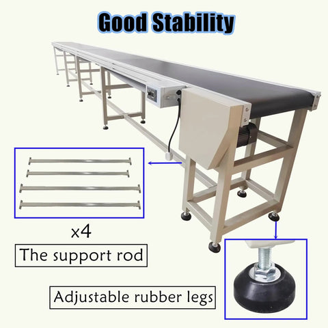 Flat Conveyor With PVC Belt 236.22 Inch Length And 15.75 Inch Width, Durable Belt, Adjustable feet, support rods displayed