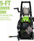 Back view of a 1700 PSI Electric Pressure Washer with 1.2 GPM upright hand carry, 35-ft power cord, PWMA certified, 25-ft hose reel.