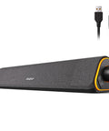 R50 Bluetooth PC Sound Bar For Desktop Monitor, USB Powered, 3.5mm Audio, showcasing lit LED lights and easy switch button feature