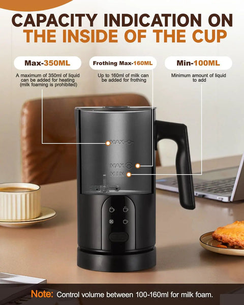 4-In-1 Milk Frother And Steamer With One-Touch LED Controls, 11.8Oz, 350 Ml Capacity showing max and min fill levels