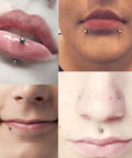 Stick On Fake Piercings Set With Silver Balls For Lip Nose Eyebrow Piercings, Fake Lip Stud And Nose Stud Options, 3mm 4mm 5mm 6mm Sizes, Includes 4 Sheets Of Lookalike Jewelry. faux lip and nose piercing look on face