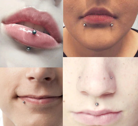 Stick On Fake Piercings Set With Silver Balls For Lip Nose Eyebrow Piercings, Fake Lip Stud And Nose Stud Options, 3mm 4mm 5mm 6mm Sizes, Includes 4 Sheets Of Lookalike Jewelry. faux lip and nose piercing look on face
