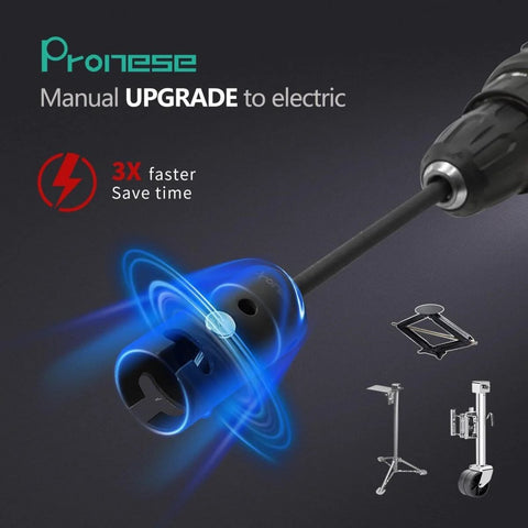 Convert Your Drill Into a Trailer Jack Operator With This One Inch Trailer Jack Drill Adapter Includes Two Half Inch Socket Adapters Heavy Duty CrMo Steel Replaces Manual Jack Handle And Speeds Up Adjustments No Sweat shown transforming with drill next to trailer jack icons.