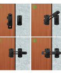 Heavy Duty Stainless Steel Sliding Bolt Door Latch Featuring Smooth Auto Return Flip Lock in use on a patio door, showing locking steps.