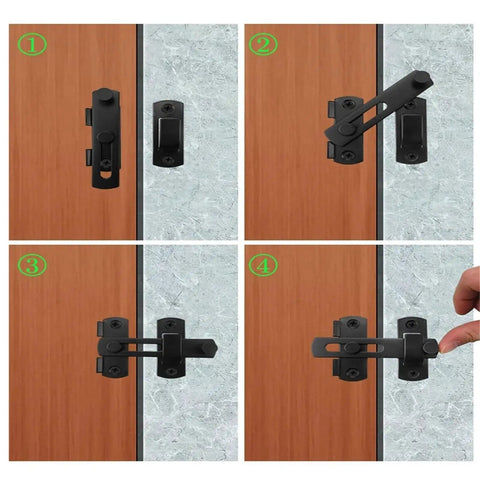 Heavy Duty Stainless Steel Sliding Bolt Door Latch Featuring Smooth Auto Return Flip Lock in use on a patio door, showing locking steps.