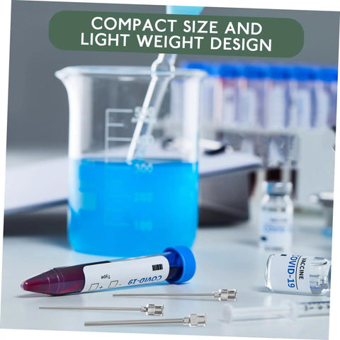 Top Tier Stainless Steel Luer Lock Dispensing Needles 12 Pack Blunt Tip Syringe Tips For Glue Ink And Adhesive 2.40 Inch Slick Flow Kit For Garage And Lab Runs displayed with a beaker and COVID-19 test tube.