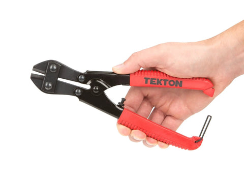 A hand holding 8 Inch Bolt Cutter With Forged Hardened Alloy Steel Jaws And Compound Cutting Action That Eases The Load Rolled Steel Handles