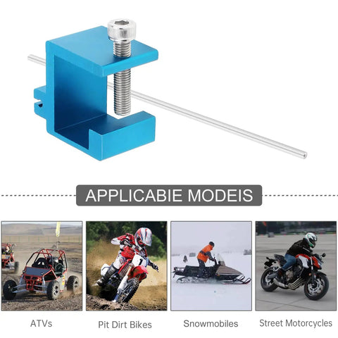 Beefy Pro Grade Chain Breaker And Alignment Tool Kit for Motorcycles, ATVs, Snowmobiles, CNC Aluminum, shown with use examples.