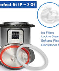 Mini 3 Qt Instant Pot Sealing Ring Set With Float Valve Caps 2 Pack Compatible With Duo Plus 3 Quart Duo Nova 3 Quart Duo 3 Quart Ultra 3 Quart LUX 3 Quart Replacement Gasket For Popular Pressure Cooker Models. White silicone sealing ring shown with 3 Qt pressure cooker.