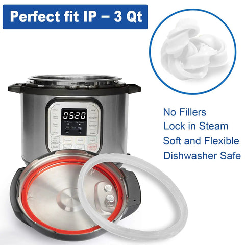 Mini 3 Qt Instant Pot Sealing Ring Set With Float Valve Caps 2 Pack Compatible With Duo Plus 3 Quart Duo Nova 3 Quart Duo 3 Quart Ultra 3 Quart LUX 3 Quart Replacement Gasket For Popular Pressure Cooker Models. White silicone sealing ring shown with 3 Qt pressure cooker.