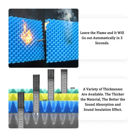 Top Notch Soundproofing Foam Panels With Strong Self Adhesive Backing For Home Studio Walls Heavy Duty Noise Insulation Mat That Makes Room Treatment A Total Breeze Today, showing fire safety tests and thickness options.