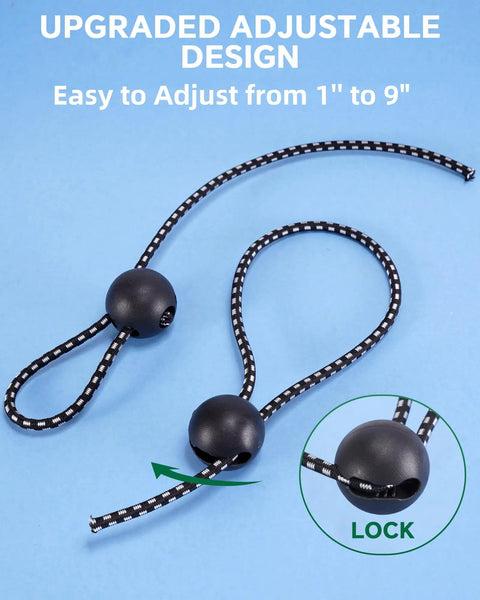 Adjustable Ball Bungee Cords Set Of 40, Easy 1 To 9 Inch Tension shown with locking mechanism, UV resistant with superior elasticity.