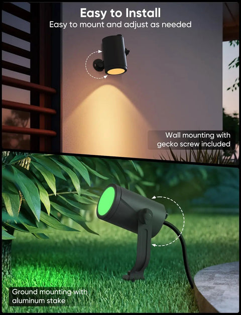 Smart Landscape Lighting Kit No-Fuss Six Pack Outdoor Spotlights mounted on wall and ground, easy to install, IP65 waterproof