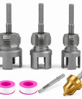 Knockout 10 Piece PVC Pipe Threader Kit For Power Drill Dual NPT Die Heads with quick swap adapters and tape.