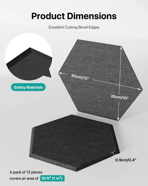 Ultra Sleek Hexagon Acoustic Panels With Heavy Duty Self Adhesive Backing 18 Pack dimensions showing 12" and 10" lengths.