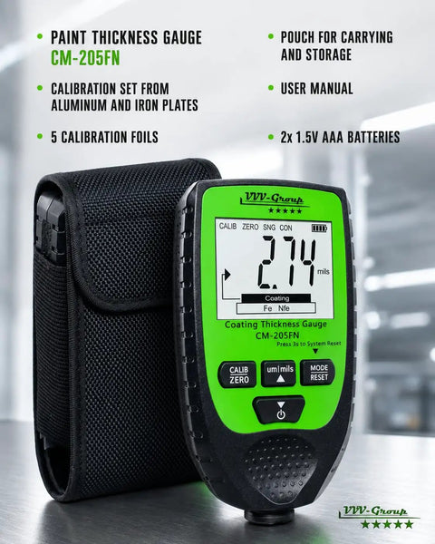 Hardcore Car Paint Thickness Gauge With Digital Coating Meter, 0.1 Micrometer Resolution, 0 to 1500 Micrometer Range, Auto Fe NFe Detection, Backlit LCD, High Accuracy for Detailing and Used Car Inspections, with carrying pouch