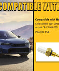 Engine coolant temperature sensor for Honda; brass threaded tip with white connector shown beside a blue Honda sedan.