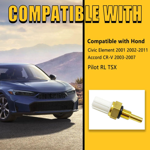 Engine coolant temperature sensor for Honda; brass threaded tip with white connector shown beside a blue Honda sedan.