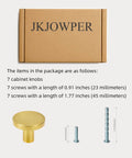 7 Pack Brushed Brass Cabinet Knobs 1 Inch Solid Round Gold Hardware For Cabinets Drawers And Vanity With Luxury Ring Carving Design Two Screw Sizes By JKJOWPER packaging with knobs and screws.