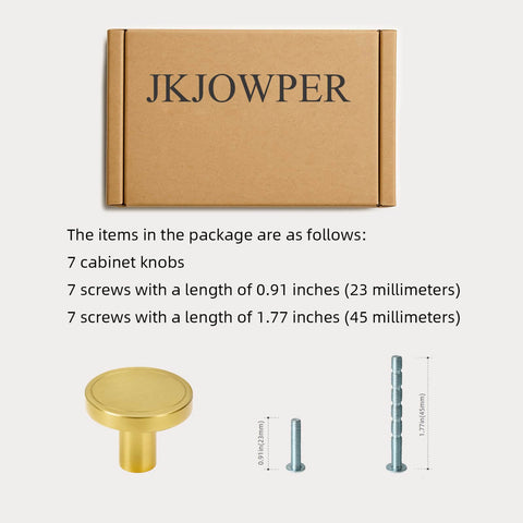7 Pack Brushed Brass Cabinet Knobs 1 Inch Solid Round Gold Hardware For Cabinets Drawers And Vanity With Luxury Ring Carving Design Two Screw Sizes By JKJOWPER packaging with knobs and screws.