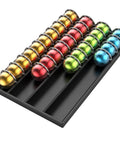 Easy-Access Drawer Style Coffee Pod Organizer For Countertop Fits Nespresso Vertuo Capsules arranged neatly in black slim drawer