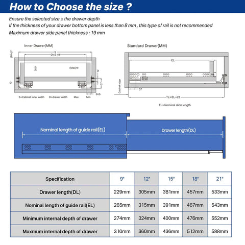 How to choose size for Top Notch Concealed Soft Close Undermount Drawer Slides 15 Inch Pair with specifications.