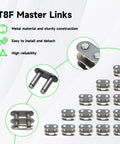 Close-up of metal T8F master links for 134 Link Drive Chain For 2 Stroke Dirt Bikes And Pocket Rockets Compatible With 47cc 49cc 50cc.