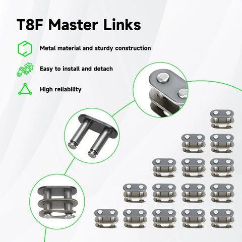 Close-up of metal T8F master links for 134 Link Drive Chain For 2 Stroke Dirt Bikes And Pocket Rockets Compatible With 47cc 49cc 50cc.