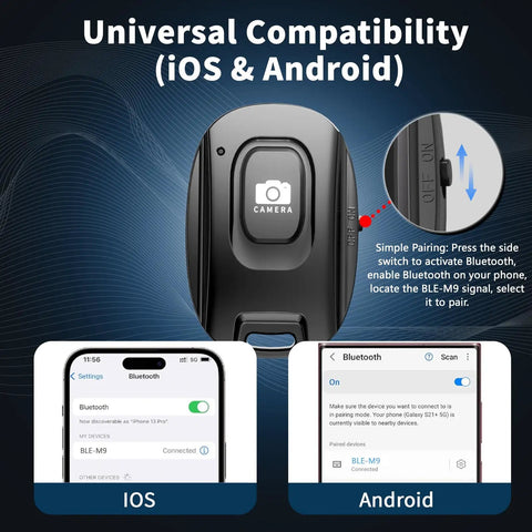 2 Pack Rechargeable Wireless Camera Remote Shutter for iPhone and Android Phones showing pairing instructions