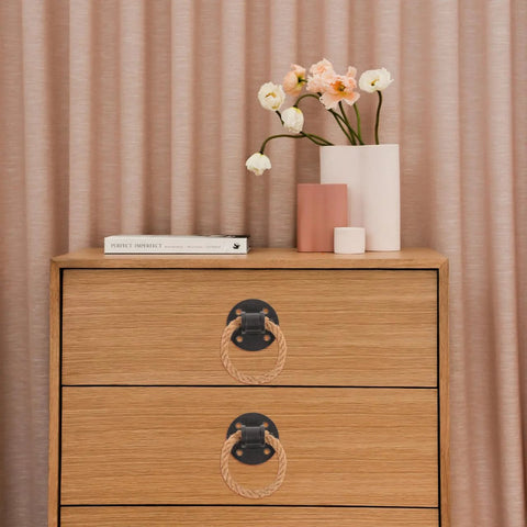 Wooden dresser with 2 Pack Vintage Rope Handle Drawer Pulls For Cabinets And Drawers, Rustic Black Knobs For Wardrobe And Furniture