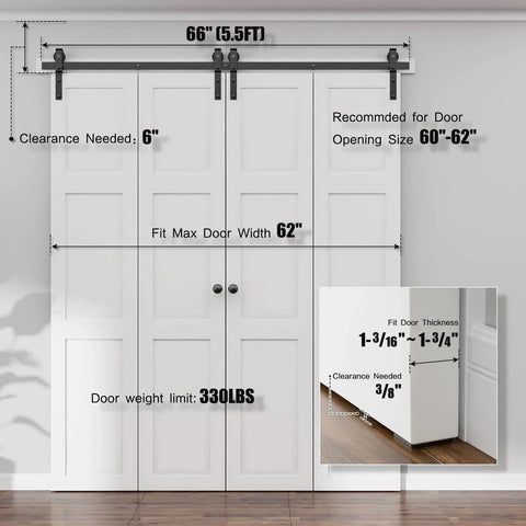 66 Inch Bi Folding Sliding Barn Door Hardware Kit With Five And A Half Foot Heavy Duty Track And Rollers Installed View
