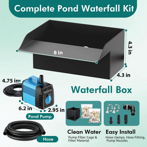 Waterfall Kit With 8 Inch Spillway 660 GPH Pump And Filter Cage 10 Ft Corrugated Tubing Premium Filter Media For Easy Outdoor Garden Ponds And Backyard Water Features No Fuss Setup Ready diagram