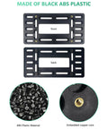Universal Front License Plate Mount Bracket with copper inserts, black ABS plastic construction, front and back view.
