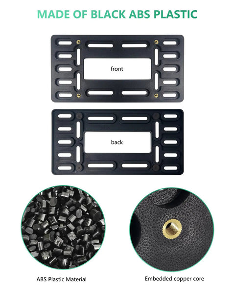 Universal Front License Plate Mount Bracket with copper inserts, black ABS plastic construction, front and back view.
